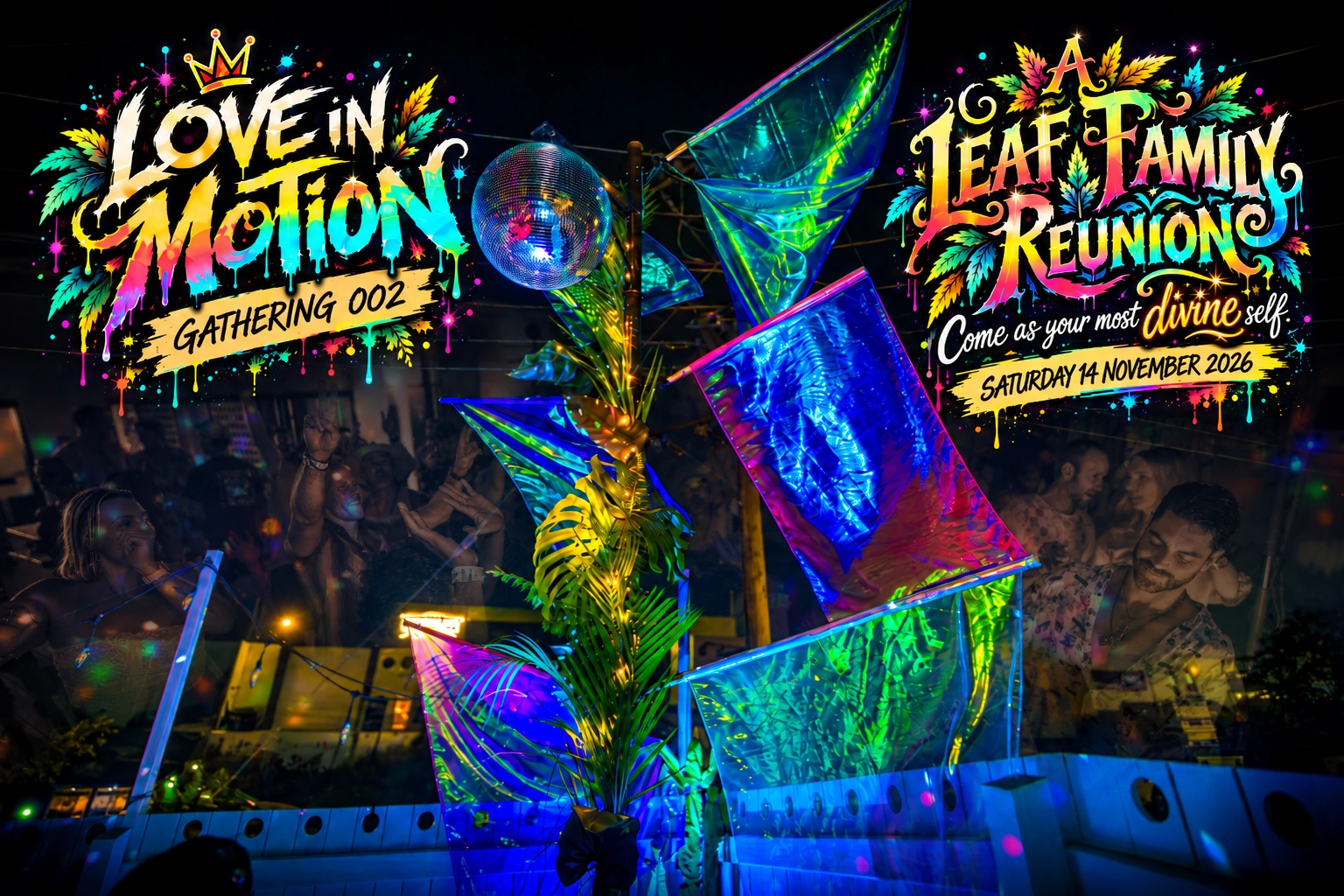 Love in Motion Gathering 002 — Leaf Family Reunion artwork with a mirror ball, colourful leaves and dancers. Saturday 14 November 2026.